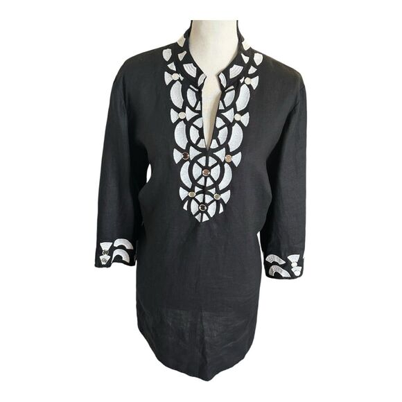 Style & Co.‎ Black 100% Linen Tunic Top Blouse Beaded V-Neck Size 16W 3/4… - Picture 1 of 12